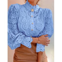 Fashion Petal Sleeve Lace Blouses Women Stand Collar Shirts Female Hollow Out Patchwork Ladies Top Flower Blouse Blusas 410G