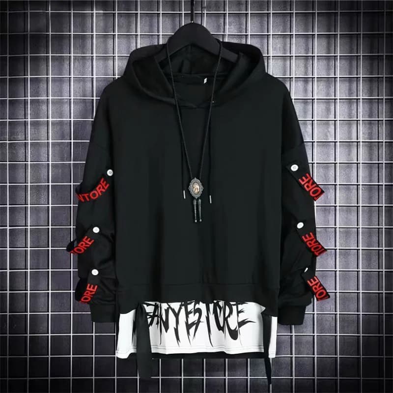 Autumn Men's Casual Hoodie Sweatshirt Techwear Hip Hop Harajuku Style with Ribbons Patchwork Japanese Streetwear Darkwear