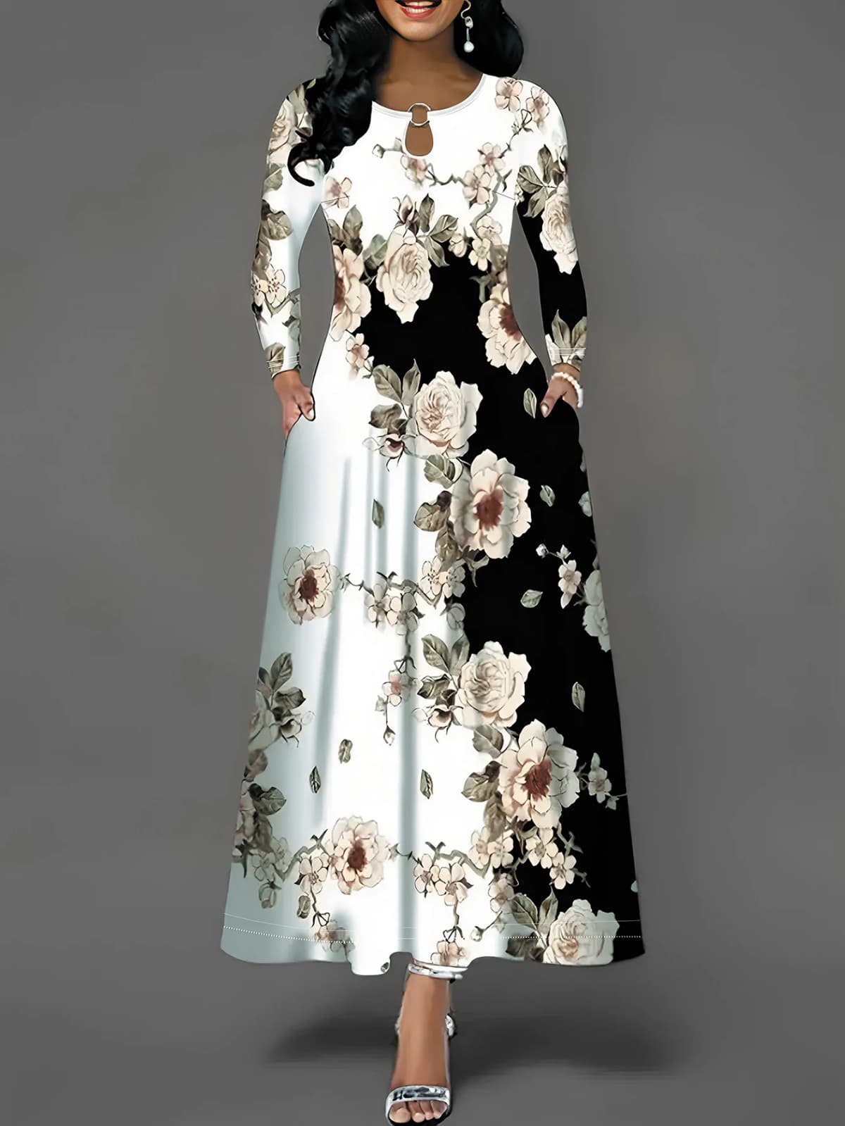 Women's Casual Dress, Plus Size Floral Print Long Sleeve Round Neck Cut Out Maxi Dress With Pockets