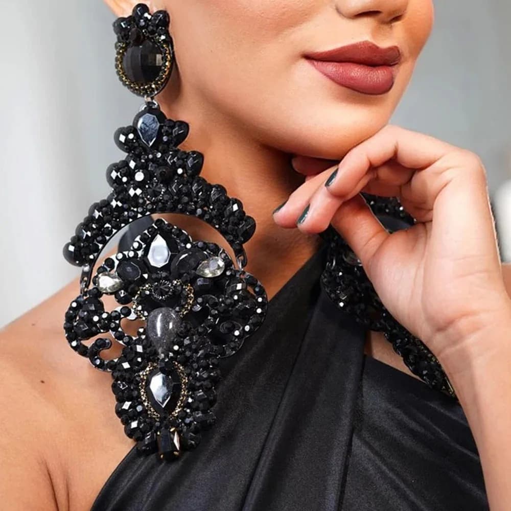 Exaggerated Black Crystal Earrings Statement Accessories 2024 for Women Oversize Rhinestone Large Dangle Earrings Prom Jewelry