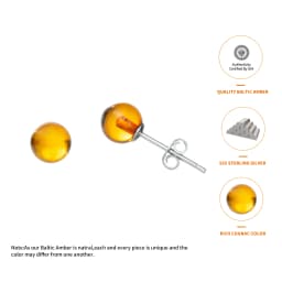 Genuine Baltic Amber Small Stud Ball Earrings for Women in 925 Sterling Silver, Rich Cognac Color