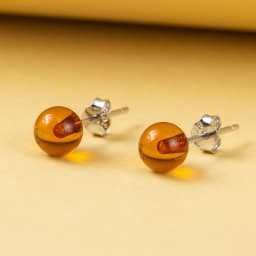 Genuine Baltic Amber Small Stud Ball Earrings for Women in 925 Sterling Silver, Rich Cognac Color