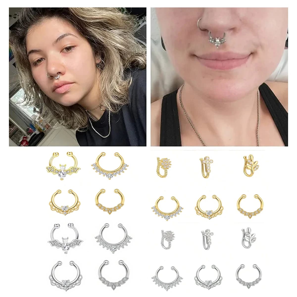 3/6pcs 16G 316L Stainless Steel Bat Fake Septum Ring,Non-Pierced Fake Nose Rings Clip On Nose Hoop Faux Septum Piercing Jewelry