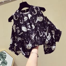 Cat Cartoon Print Chiffon Vintage O-Neck Short Sleeve Loose Women's Blouse Shirt Korean Fashion Female Clothing Tops 2024 Summer