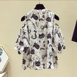 Cat Cartoon Print Chiffon Vintage O-Neck Short Sleeve Loose Women's Blouse Shirt Korean Fashion Female Clothing Tops 2024 Summer