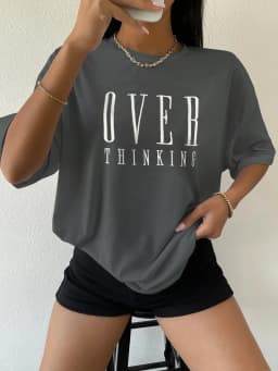 Over Thinking Letter Print Women Cotton Short Sleeve Breathable Vintage O-Neck Tops All-math Casual T-Shirts Female Tee Clothing