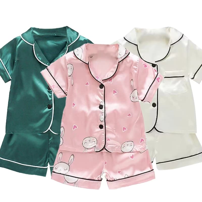 Boys Girls Ice silk satin Cartoon printing Tops Pants Set home Wear Children's pajamas set Baby suit Kids Clothes Toddler