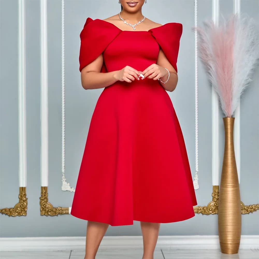 Elegant Dresses Woman 2024 Wedding Party Off the Shoulder Puff Sleeve A Line Pleated Mid Calf Luxury Birthday Night Vestidos Hot
