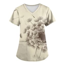 Dandelion Print Medical Uniforms Nursing Short Sleeve Tops V-Neck Patched Pocket Nursing Uniforms Women Working Clothes