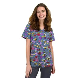 Dandelion Print Medical Uniforms Nursing Short Sleeve Tops V-Neck Patched Pocket Nursing Uniforms Women Working Clothes