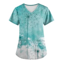 Dandelion Print Medical Uniforms Nursing Short Sleeve Tops V-Neck Patched Pocket Nursing Uniforms Women Working Clothes