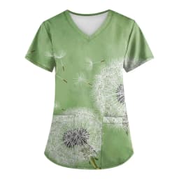 Dandelion Print Medical Uniforms Nursing Short Sleeve Tops V-Neck Patched Pocket Nursing Uniforms Women Working Clothes