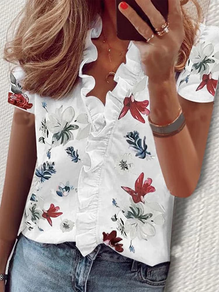 Casual Short Sleeve V Neck Ruffles Blouses Elegant Office Lady Shirts Summer Vintage Harajuku Loose Tops Female Boho Tunic