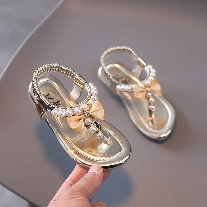 Girls Pearls Sandals Rhinestone Kids Gladiator Sandals Butterfly-knot Princess Children's Sandals Flip Flops Beach Shoes Soft