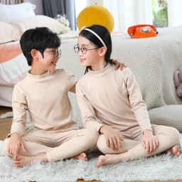 Kids Autumn Cotton Thermal Underwear Tops+Pants 2-Piece Set Boys Sleepwear Cartoon Print Girls Beige Pajama Suit Winter Clothes