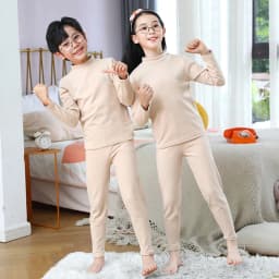 Kids Autumn Cotton Thermal Underwear Tops+Pants 2-Piece Set Boys Sleepwear Cartoon Print Girls Beige Pajama Suit Winter Clothes