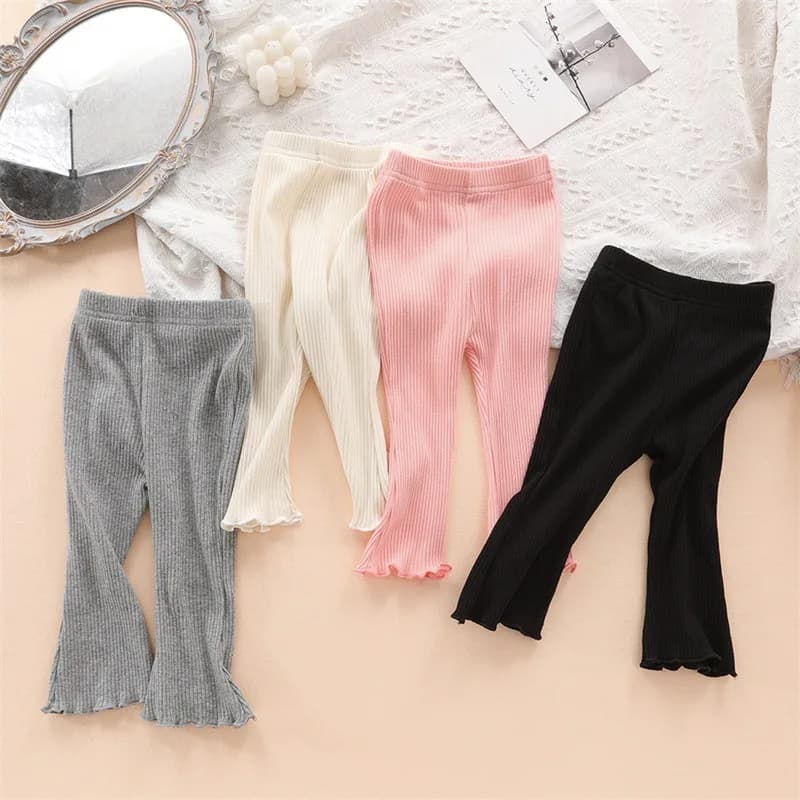 Spring Autumn Baby Solid Ruffle Ribbed Leggings Girl Infant Pit Striped Casual Flare Pants Girl Children Fashion Cotton Trousers