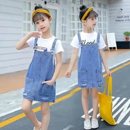 Girls Denim Suspender Skirt 2024 Summer New Cartoon Cotton Suspender Dress Fashion Style Casual Girls Denim Suspender Dress