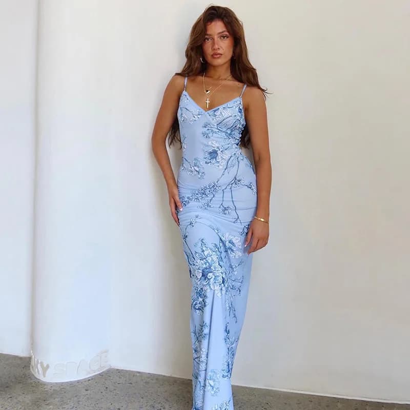 Sleeveless Floral Print Suspender Dress Summer Chic Female Beach Party Halter Dress Women's Fashion V-neck Slim Maxi Dresses