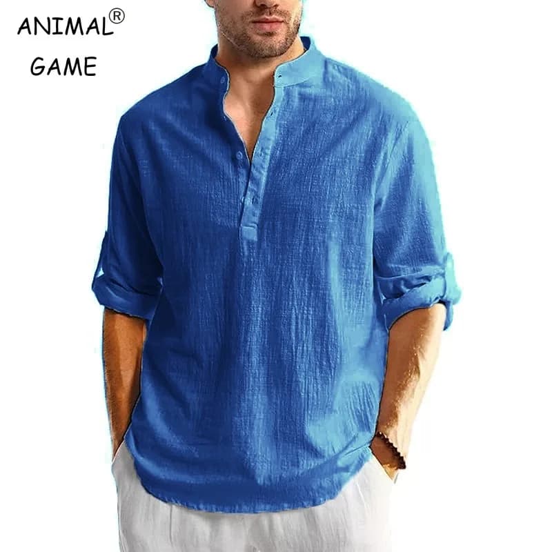 New Men's Linen Cotton Tshirts Long Sleeve Button Up Shirts Henley Beach Shirts Hawaiian T Shirts for Men Breathable Tops