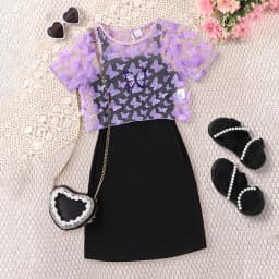 Girls' Summer Butterfly 2-Piece Dress & Tee Set - Stretchy, Comfortable & Easy-Care Kidswear