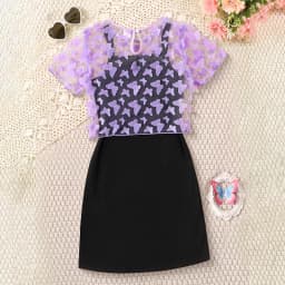 Girls' Summer Butterfly 2-Piece Dress & Tee Set - Stretchy, Comfortable & Easy-Care Kidswear