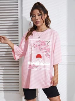Japanese Style Women Cotton T-shirts Mount Fuji & Cherry Blossoms Printing Tee Summer Casual O-Neck Loose Short Sleeve Clothes