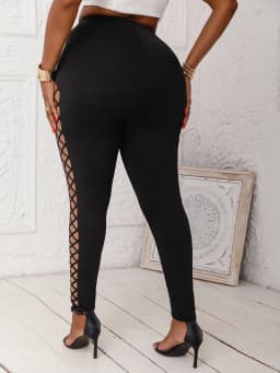 Women's Plus Size Mid-Waist Leggings Sexy Faux Cut-Out Grid Pattern Stretch Knit Pants Comfortable Solid Color Basics Trousers