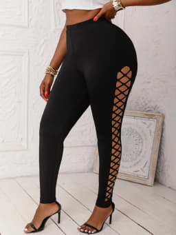 Women's Plus Size Mid-Waist Leggings Sexy Faux Cut-Out Grid Pattern Stretch Knit Pants Comfortable Solid Color Basics Trousers
