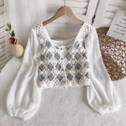 Crochet Top with Chiffon Sleeve Argyle Embroidery Square-neck Fake Two-Piece Blouse Spring Summer Fairycore Cottagecore
