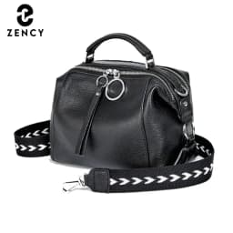 Zency Fashion Black Designer Shoulder Bag For Women 100% Genuine Leather Handbag Medium Size For Daily Life With Two Straps