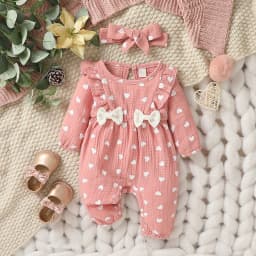 Baby Girls Summer Long Sleeve Printing Love With Bowknot For Casual Daily Cotton Jumpsuit