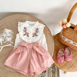 (0-3 Years Old) Summer Baby Girl Cotton Flower Embroidery Sleeveless Top And Shorts Two-Piece Set Of Cute Girl Shirt Top And Sho