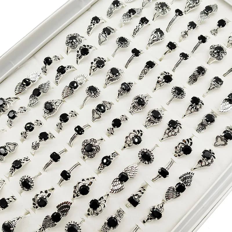 20pc/Lot Wholesale New Black Acrylic Joint Rings For Women Fashion Girl Mix Style Size Vintage Silver Plate Finger Jewelry Party