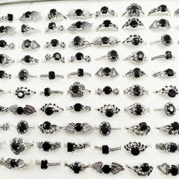 20pc/Lot Wholesale New Black Acrylic Joint Rings For Women Fashion Girl Mix Style Size Vintage Silver Plate Finger Jewelry Party