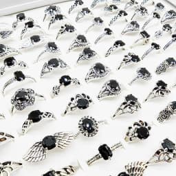 20pc/Lot Wholesale New Black Acrylic Joint Rings For Women Fashion Girl Mix Style Size Vintage Silver Plate Finger Jewelry Party