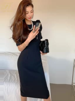 H Han Queen Hot Sale Spring Summer Dresses Elegant Simple Profession Sheath Pencil Women Dresses Black Bodycon Office Vestidos