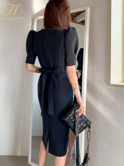 H Han Queen Hot Sale Spring Summer Dresses Elegant Simple Profession Sheath Pencil Women Dresses Black Bodycon Office Vestidos