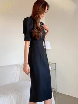 H Han Queen Hot Sale Spring Summer Dresses Elegant Simple Profession Sheath Pencil Women Dresses Black Bodycon Office Vestidos