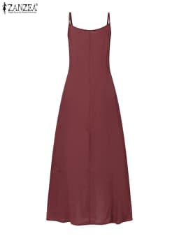 Summer Women Spaghetti Strap Holiday Midi Dress 2024 ZANZEA Stylish Solid Ruffles Sundress Elegant Casual A-line Party Vestidos