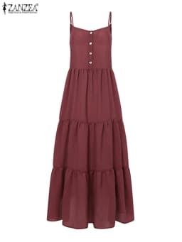 Summer Women Spaghetti Strap Holiday Midi Dress 2024 ZANZEA Stylish Solid Ruffles Sundress Elegant Casual A-line Party Vestidos