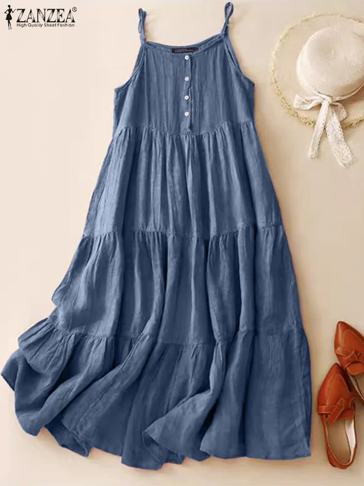 Summer Women Spaghetti Strap Holiday Midi Dress 2024 ZANZEA Stylish Solid Ruffles Sundress Elegant Casual A-line Party Vestidos