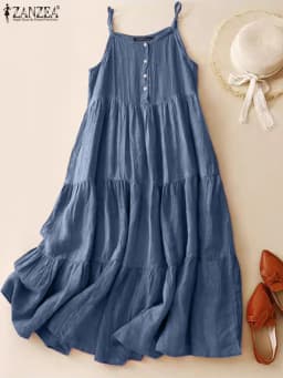 Summer Women Spaghetti Strap Holiday Midi Dress 2024 ZANZEA Stylish Solid Ruffles Sundress Elegant Casual A-line Party Vestidos