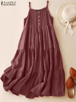 Summer Women Spaghetti Strap Holiday Midi Dress 2024 ZANZEA Stylish Solid Ruffles Sundress Elegant Casual A-line Party Vestidos