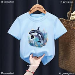 New Kids Tshirt Funny Killer Whale Graphic Dolphin Printed Boys Tshirt Fashion Trendy Boys/Girls Blue Gray Tshirt Tops Wholesale