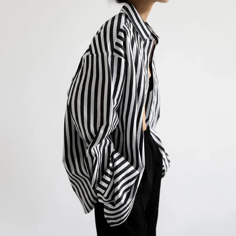 Women Shirt Black and White Striped Button Down Long Sleeve Oversize Boyfriend Blouse Tops blusas para mujer Outfit
