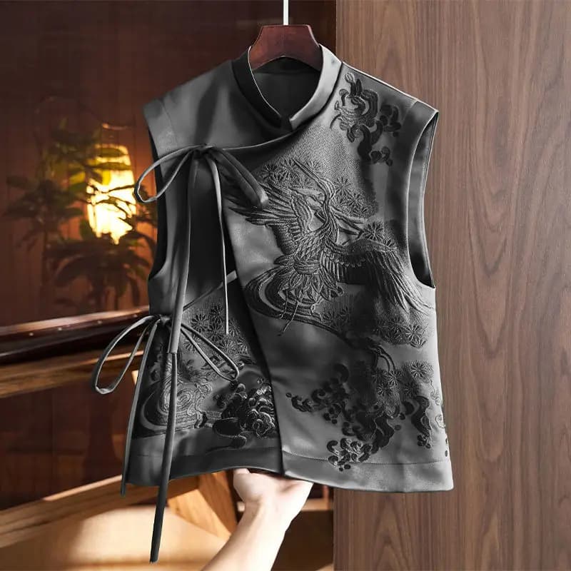 Vintage Chinese Style Outerwear Vest White Crane/Flowers Embroidered Lacing Vests Spring And Summer Elegant Women's Clothing