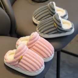 2024 Winter Concise Stripe Plush Slippers Children's Non-slip Soft Indoor Fluffy Mule For Boys Girls Warm Kids Home Cotton Shoes