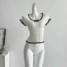 Women's Short Sleeve Ribbed Knit Top with Bow Front Pointelle Fitted Crop Shirt Teen-girl Balletcore Y2K 90s Basic Outfit