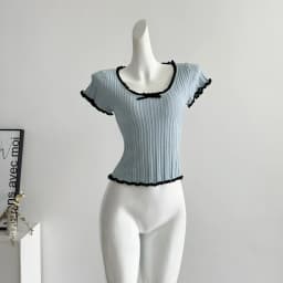 Women's Short Sleeve Ribbed Knit Top with Bow Front Pointelle Fitted Crop Shirt Teen-girl Balletcore Y2K 90s Basic Outfit